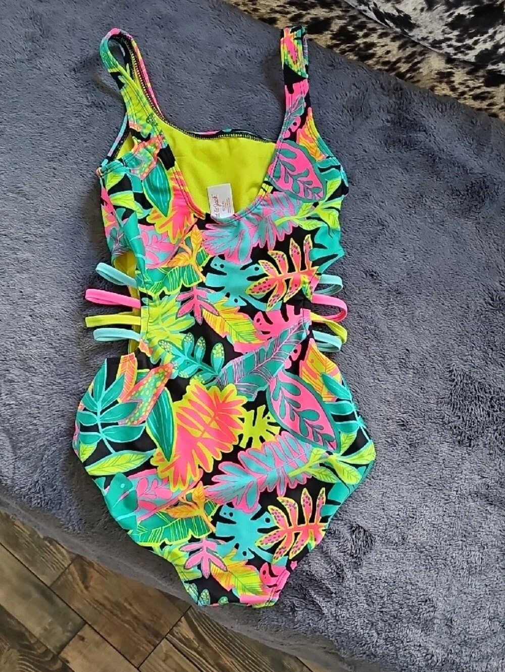Cat & Jack Neon Tropical Leaf One-Piece Swimsuit